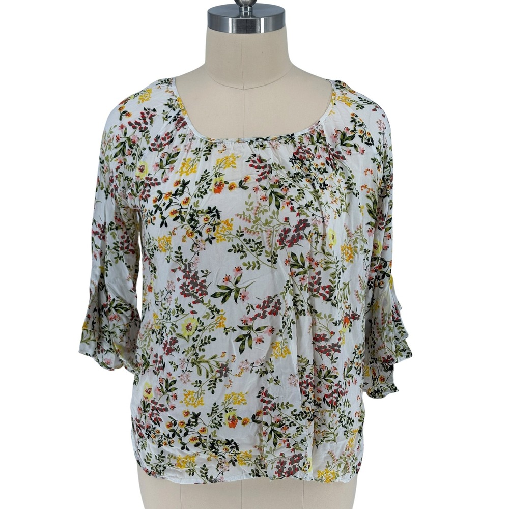 Cupio Woman Blouse White Floral Ruffle Tiered Sleeve 100% Rayon 2X